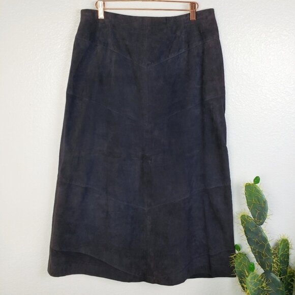 Vintage WORTH 100% Leather Suede Midi Skirt size 14 Patchwork Minimalist Y2K - Picture 2 of 11